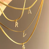 16" Gold CZ Initial Letter Snake Chain Necklace Stainless Steel Necklace, Cute Mini Letter Necklace AL1200