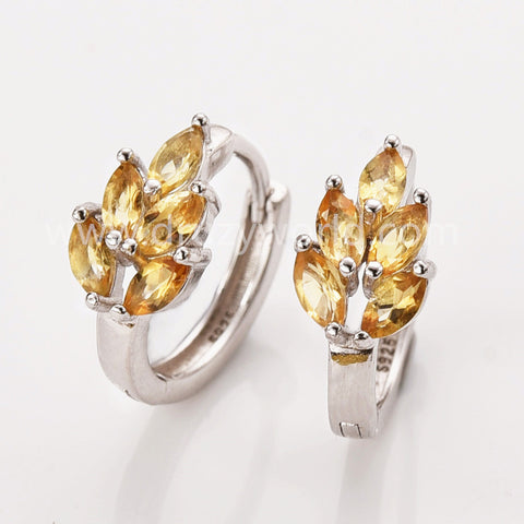 Natural Citrine Leaf Earrings - 925 Silver Hoops, Yellow Crystals Jewelry Earring AL1218