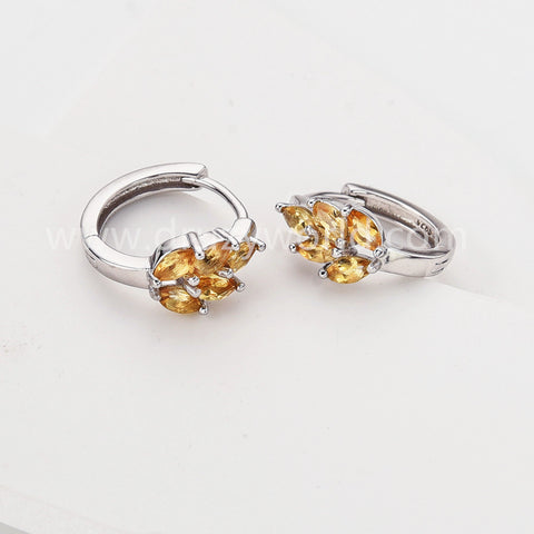 Natural Citrine Leaf Earrings - 925 Silver Hoops, Yellow Crystals Jewelry Earring AL1218