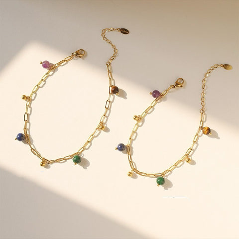Natural Lapis Lazuli Amethyst Gold Beads Bracelets/Anklets, Titanium Steel Boho Fashion Summer Jewelry Bracelet AL1234