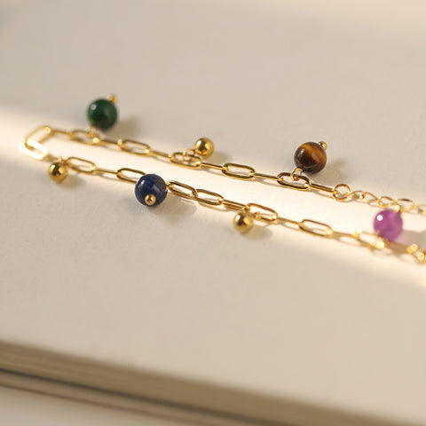 Natural Lapis Lazuli Amethyst Gold Beads Bracelets/Anklets, Titanium Steel Boho Fashion Summer Jewelry Bracelet AL1234