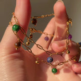 Natural Lapis Lazuli Amethyst Gold Beads Bracelets/Anklets, Titanium Steel Boho Fashion Summer Jewelry Bracelet AL1234