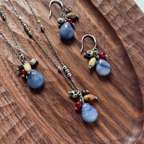 Blue Sodalite Stone Drop Earrings,Red Fruit Chalcedony Necklace,Titanium Stainless Steel Jewelry AL1235
