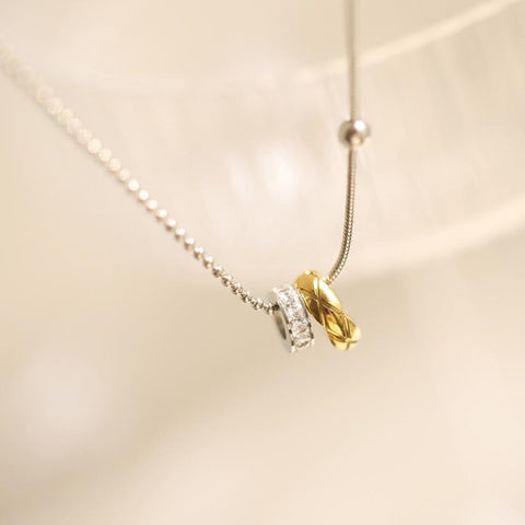 Dainty Two-Tone CZ Diamond Quilted Ring Pendant Necklace, Titanium Steel Necklace, Everyday Jewelry Gift for Women AL1236