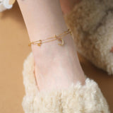 Dainty Double Layer Star & CZ Moon Anklet, Gold Plated Titanium Steel, Bohemian Summer Jewelry For Women AL1237
