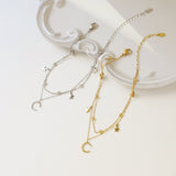 Dainty Double Layer Star & CZ Moon Anklet, Gold Plated Titanium Steel, Bohemian Summer Jewelry For Women AL1237