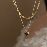 16" Double Layers Black Heart Pendant Necklace CZ Heart Necklace, Titanium Steel 18k Gold Chain, Classical Summer Jewelry AL1242