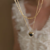 16" Double Layers Black Heart Pendant Necklace CZ Heart Necklace, Titanium Steel 18k Gold Chain, Classical Summer Jewelry AL1242