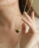 16" Double Layers Black Heart Pendant Necklace CZ Heart Necklace, Titanium Steel 18k Gold Chain, Classical Summer Jewelry AL1242