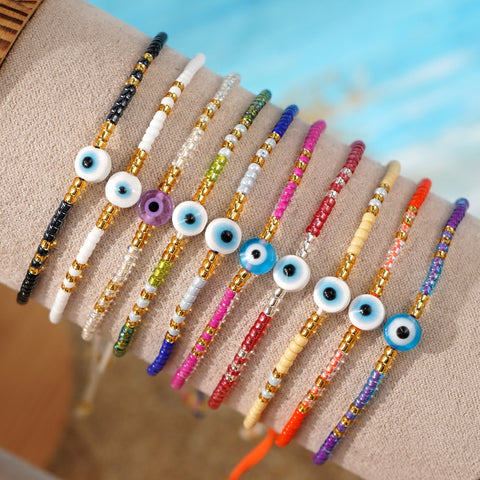 Skinny Rainbow Evil Eye & Miyuki Beaded Bracelet Friendship Bracelet, Adjustable, Hadmade Bohemian Jewelry AL1245