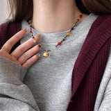 Colorful Natural Stones Beaded Necklace, Gold Elephant Charm Necklace, Gemstone Boho Jewelr AL1252y