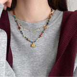 Colorful Natural Stones Beaded Necklace, Gold Elephant Charm Necklace, Gemstone Boho Jewelr AL1252y