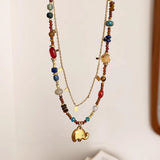 Colorful Natural Stones Beaded Necklace, Gold Elephant Charm Necklace, Gemstone Boho Jewelr AL1252y