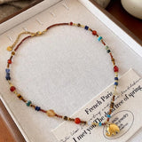 Colorful Natural Stones Beaded Necklace, Gold Elephant Charm Necklace, Gemstone Boho Jewelr AL1252y