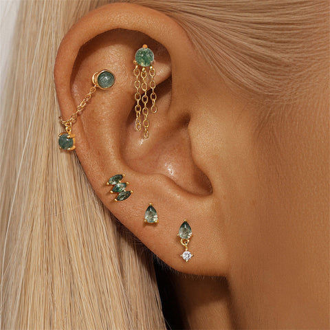 1 pcs of S925 Silver Geometric Natural Green Moss Agate Cartilage Studs Earring, Flat Back Earrings, Piercing Ear Jewelry For Women AL1262