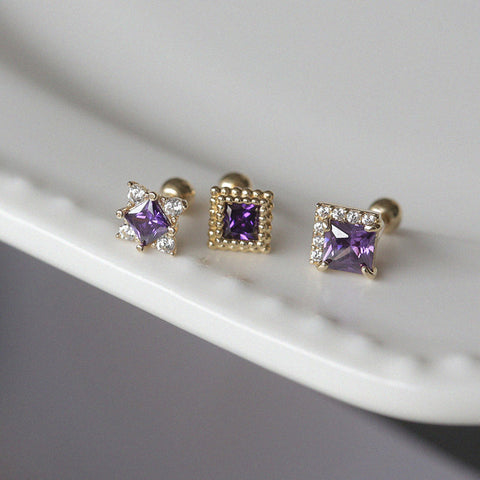 1 Pcs of S925 Silver Purple Square CZ Stud Earrings Zircon Cartilage Studs, Fashion Jewelry For Women AL1263