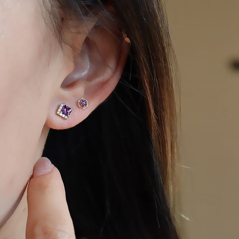 1 Pcs of S925 Silver Purple Square CZ Stud Earrings Zircon Cartilage Studs, Fashion Jewelry For Women AL1263