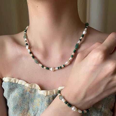 Boho Multi Natural Stones Beads Malachite Necklace, Green Aventurine Pearl Bracelet, Gemstone Jewelry Women's Necklace AL1265