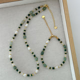 Boho Multi Natural Stones Beads Malachite Necklace, Green Aventurine Pearl Bracelet, Gemstone Jewelry Women's Necklace AL1265