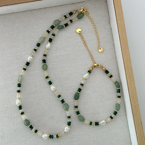 Boho Multi Natural Stones Beads Malachite Necklace, Green Aventurine Pearl Bracelet, Gemstone Jewelry Women's Necklace AL1265