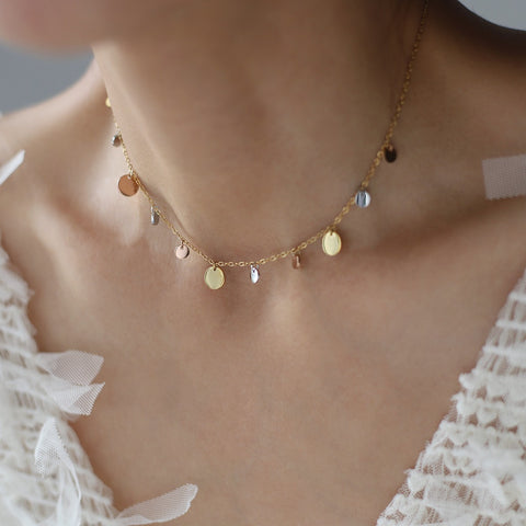 16" Tricolores Simple Small Sequin Round Collar Chain Necklace, Titanium Steel Gold Electroplated Rose Gold Necklace AL1268