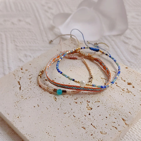 Set of Bohemian Skinny Natural Pearl, Stones & Miyuki Beads Bracelet, Friendship Bracelet, Handmade Boho Summer Jewelry AL1270