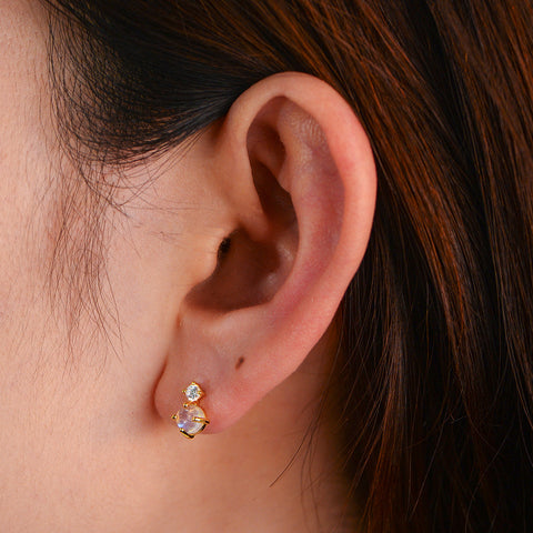 Small Natural Moonstone CZ Stud Earrings, S925 Sterling Silver, June Birthstone Jewelry Studs AL1271