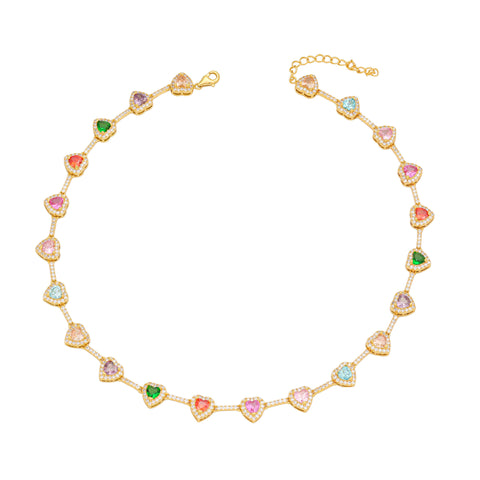 15" Rainbow Heart Zircon Choker Necklace CZ Necklace Plated with 18k Gold AL1274