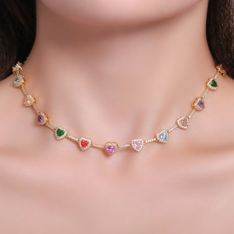 15" Rainbow Heart Zircon Choker Necklace CZ Necklace Plated with 18k Gold AL1274