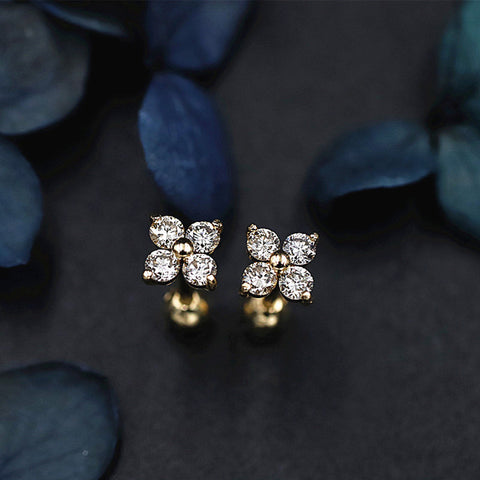 Four-Leaf Clover Zircon Cartilage Stud Earrings, S925 Silver Flat Back Floral Studs, Helix Piercing AL1275