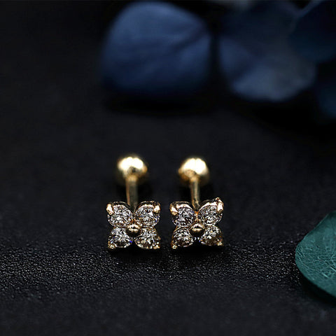 Four-Leaf Clover Zircon Cartilage Stud Earrings, S925 Silver Flat Back Floral Studs, Helix Piercing AL1275