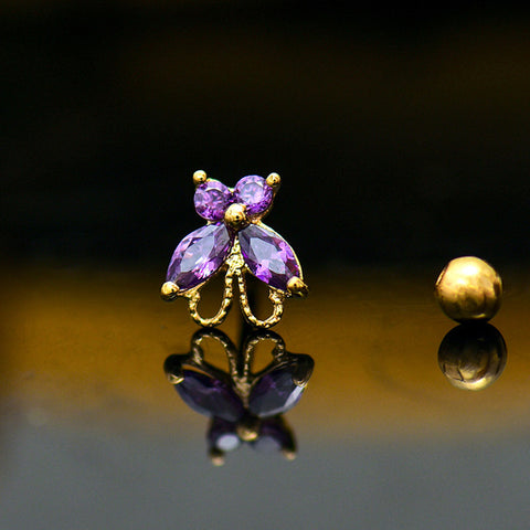 Purple Butterfly Zircon Cartilage Studs Earrings, S925 Silver Flat Back, Threaded Screw Studs AL1276
