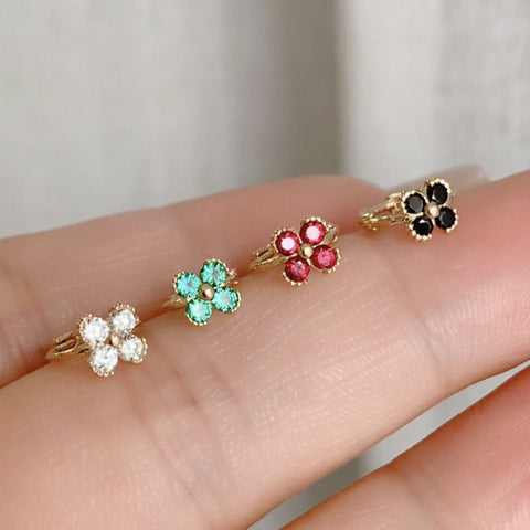 Rainbow Four-Leaf Flower Cartilage Earrings CZ Small Hoops, S925 Sterling Silver in 18k Gold Plated Floral Earring AL1278