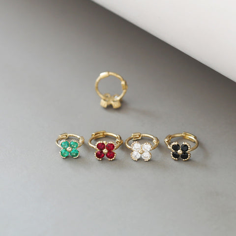 Rainbow Four-Leaf Flower Cartilage Earrings CZ Small Hoops, S925 Sterling Silver in 18k Gold Plated Floral Earring AL1278