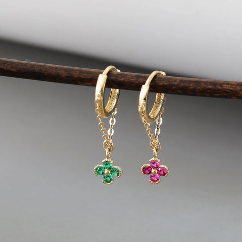 Four-Leaf Flower Gold Chain Dangle Hoop Earrings CZ Earring, S925 Silver in 18k Gold, Dainty Jewelry AL1282
