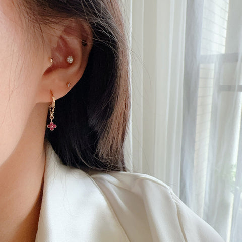 Four-Leaf Flower Gold Chain Dangle Hoop Earrings CZ Earring, S925 Silver in 18k Gold, Dainty Jewelry AL1282