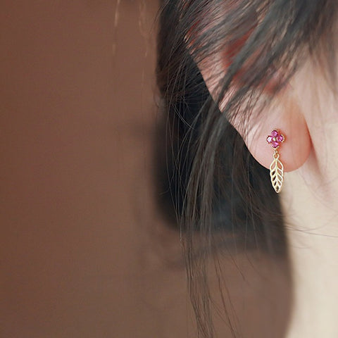 Dainty Small Pink Flower Gold Leaf 925 Silver Stud Earrings in 14k Gold, Summer Floral Jewelry AL1283