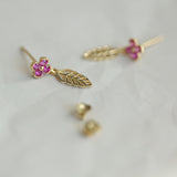Dainty Small Pink Flower Gold Leaf 925 Silver Stud Earrings in 14k Gold, Summer Floral Jewelry AL1283