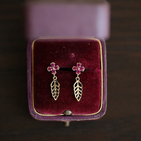 Dainty Small Pink Flower Gold Leaf 925 Silver Stud Earrings in 14k Gold, Summer Floral Jewelry AL1283