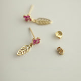 Dainty Small Pink Flower Gold Leaf 925 Silver Stud Earrings in 14k Gold, Summer Floral Jewelry AL1283