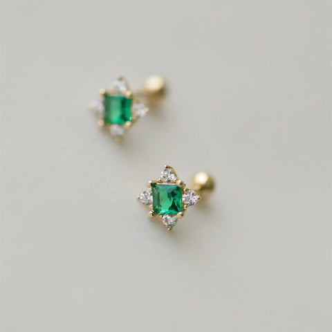 Dainty Emerald Green Square CZ Stud Earrings, 925 Silver Threaded Post, Screw Ball Backs, Mini Size AL1284