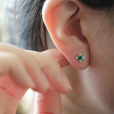 Dainty Emerald Green Square CZ Stud Earrings, 925 Silver Threaded Post, Screw Ball Backs, Mini Size AL1284