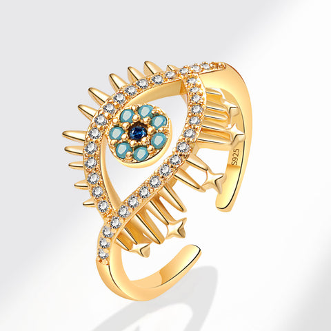 Devil's Eye S925 Silver Ring, Blue Eyes Micro-zircon Adjustable 18k Gold Women's Ring AL1290