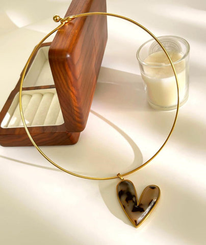 Dainty Choker Necklace with Acrylic Pendants - Heart & Flower, Stainless Steel Collar AL1292