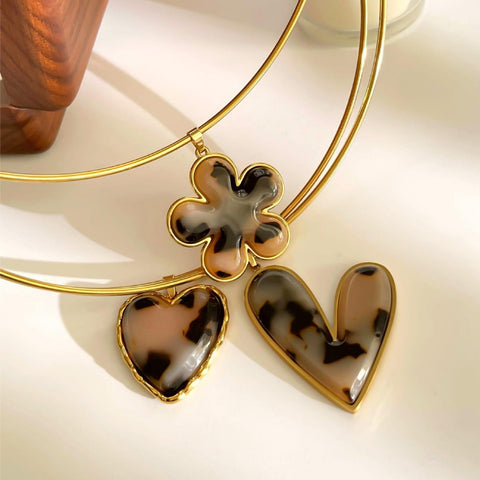 Dainty Choker Necklace with Acrylic Pendants - Heart & Flower, Stainless Steel Collar AL1292