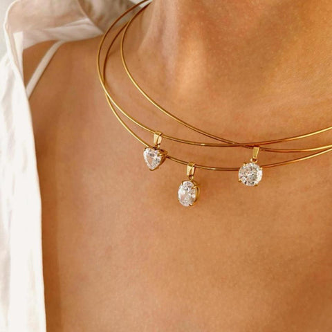 Dainty Choker Necklace with Zirconia Pendants - Heart, Marquise & More, Stainless Steel Collar AL1291