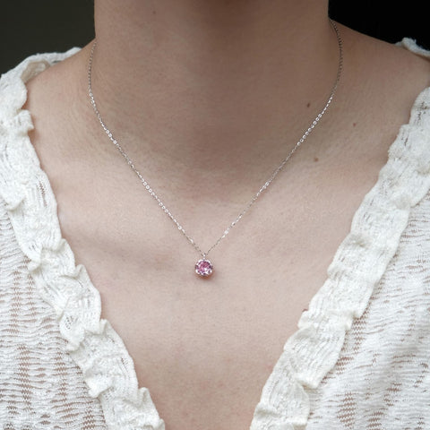 18" Dainty S925 Silver Crown Pink CZ Necklace Zircon Pendant Necklace AL1294