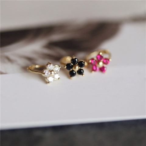 Rainbow Five-Petal Flowers 925 Silver Small Hoop Earrings, 18k Gold Beans Zirconia Ear Bar Ring Ear Studs AL1297