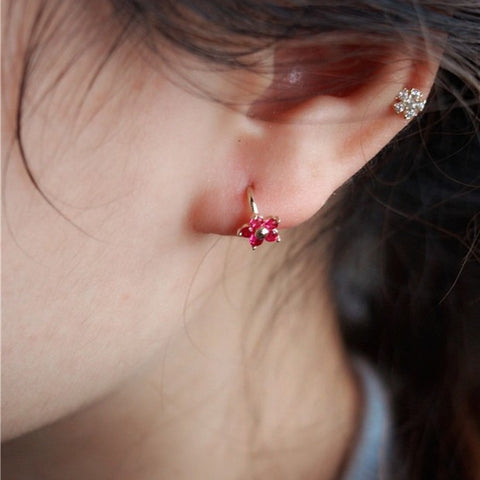 Rainbow Five-Petal Flowers 925 Silver Small Hoop Earrings, 18k Gold Beans Zirconia Ear Bar Ring Ear Studs AL1297