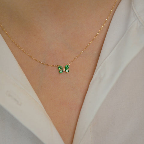 S925 Sterling Silver Green Zircon Butterfly Connector Necklace in 18K Gold Plated AL1311